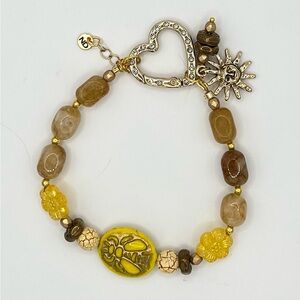 Golden Yellow Bee Beaded Bracelet with Heart Clasp, Sun Charm & Citrine Beads